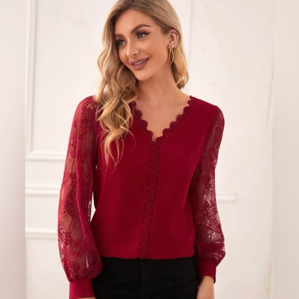 Womens maroon lace long sleeve blouse